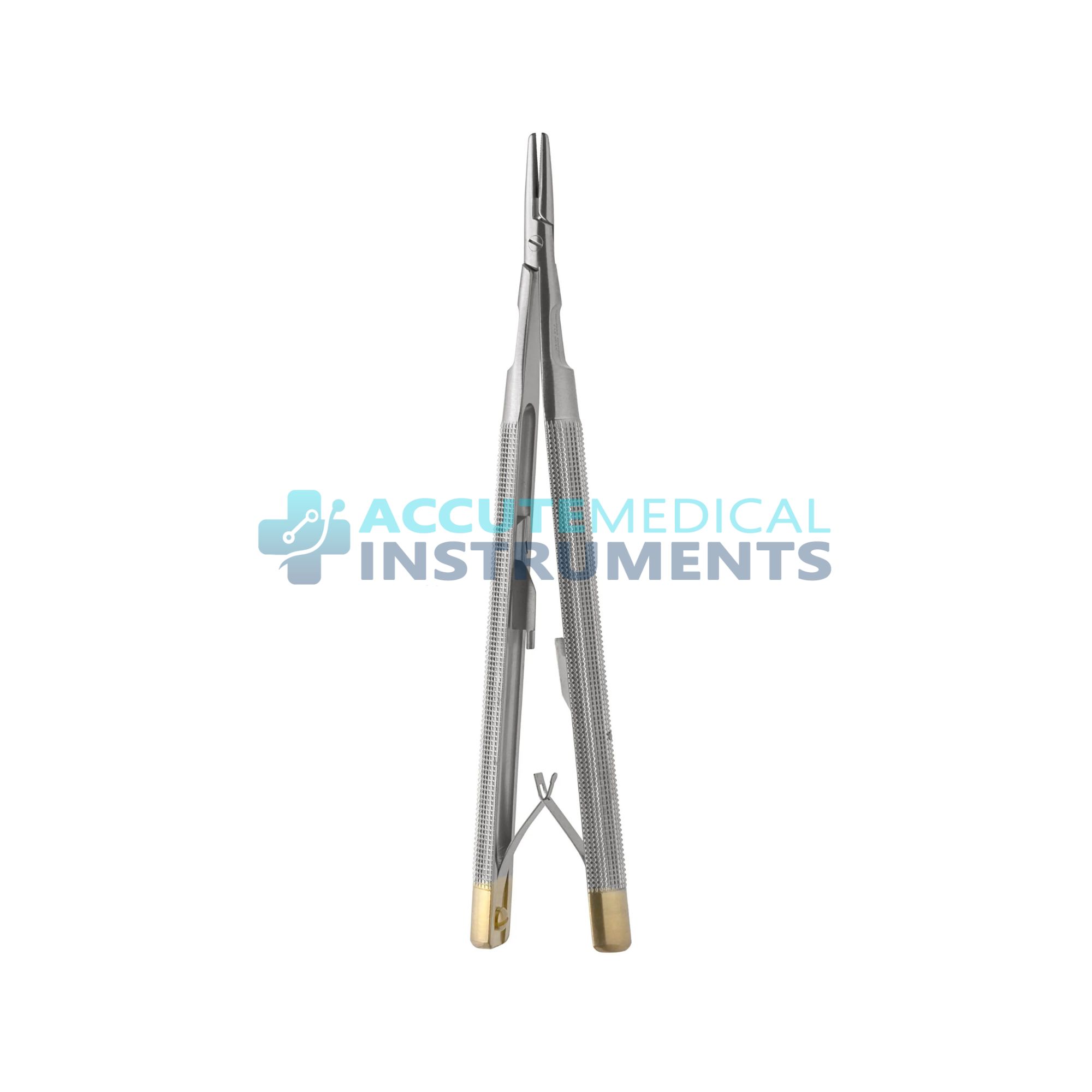 Castroviejo Needle Holder 5½″ Curved with Lock & Spring, Tungsten Carbide, Round Handle